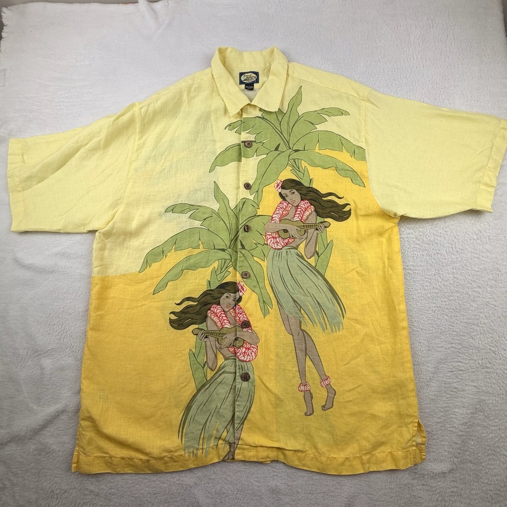 Tommy Bahama Hula Girl Linen Shirt Mens Large Yellow Tropical Coconut Button